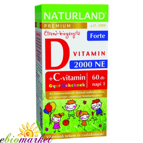 NATURLAND D3-VITAMIN FORTE RÁGÓTABLETTA C-VITAMINNAL GYEREKEKNEK 60DB