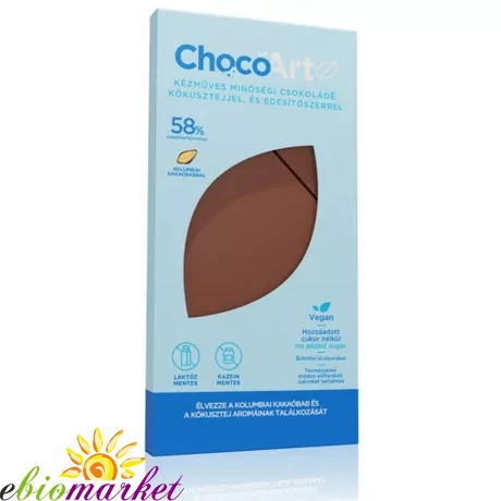 CHOCOART KÉZMŰVES KÓKUSZTEJES CSOKOLÁDÉ 70G (HOZZÁADOTT CUKOR NÉLKÜL, 58%