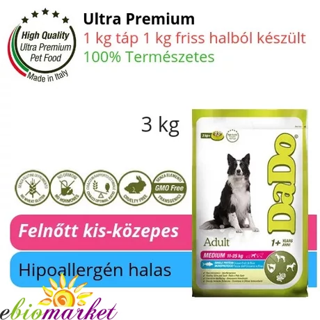 DADO ADULT MEDIUM BREED FISH &amp; RICE 3KG HALAS KÖZEPESTESTŰ FELNŐTT KUTYATÁP