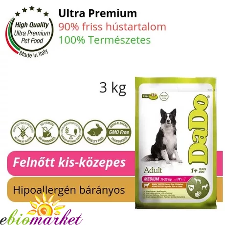 DADO ADULT MEDIUM BREED LAMB &amp; RICE 3KG BÁRÁNYOS KÖZEPESTESTŰ FELNŐTT KUTYATÁP